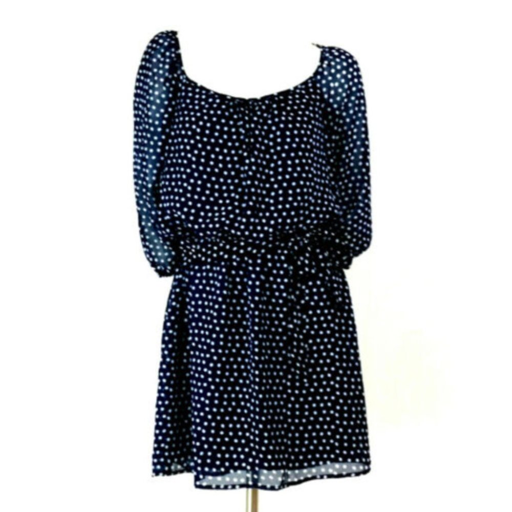 Speechless Polka Dot Blouson 3/4 Sleeve Belt Dress